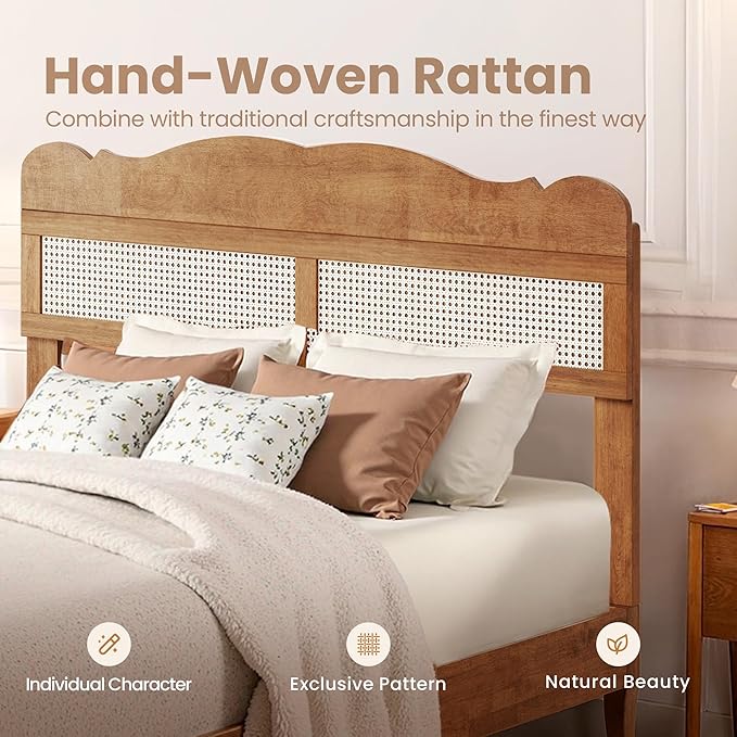 PHI VILLA Full Rattan Bed Frame with Headboard Mid Century Modern Wooden Bed Frames No Box Spring Needed Brown