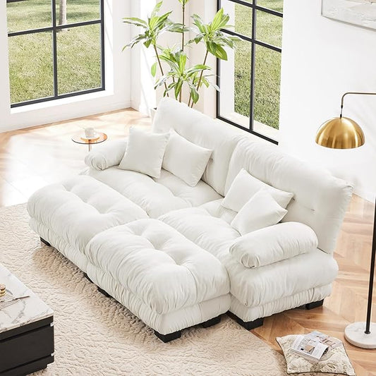 94.4 Deep Seat Modular Sofa Set Chenille Fabric Modern Sectional Love Seat Couches for Living Room Plush Cloud 2 Seater with 2 Ottomans Comfy Loveseat for Apartment or Bedroom U Shaped White