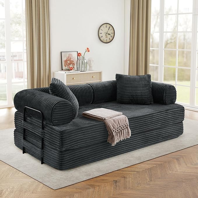 Modular Couch Bed Convertible Folding Plush Corduroy Comfy Floor Memory Foam Compression Loveseat Sleeper Sofa Couch King Size Bed for Guest Room Living Room Bedroom No Assembly Required Dark Grey