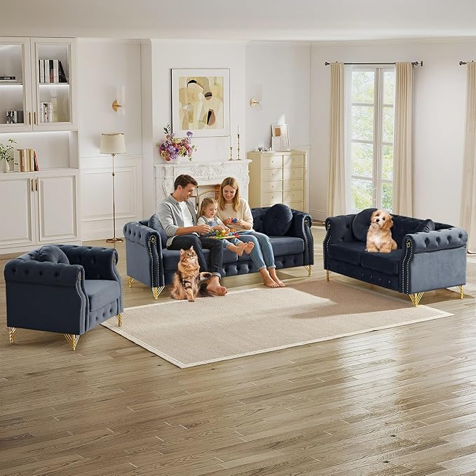 3 Pieces Chesterfield Sofa Set Velvet Mid Century Modern Loveseat Sofa with Button Tufted &amp Rivet Comfy 3-Seater Couch with Armrest Ring Cloud Chair for Living Room(37 W + 60.5 W + 82 W Bla