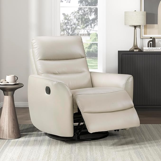 Lexicon 360 Degree Swivel Glider Reclining Chair Manual Tab Pull Recliner Leather Match Swivel Glider Recliner with Plush Foam Sturdy Frame for Living Room/Office/Bedroom Taupe