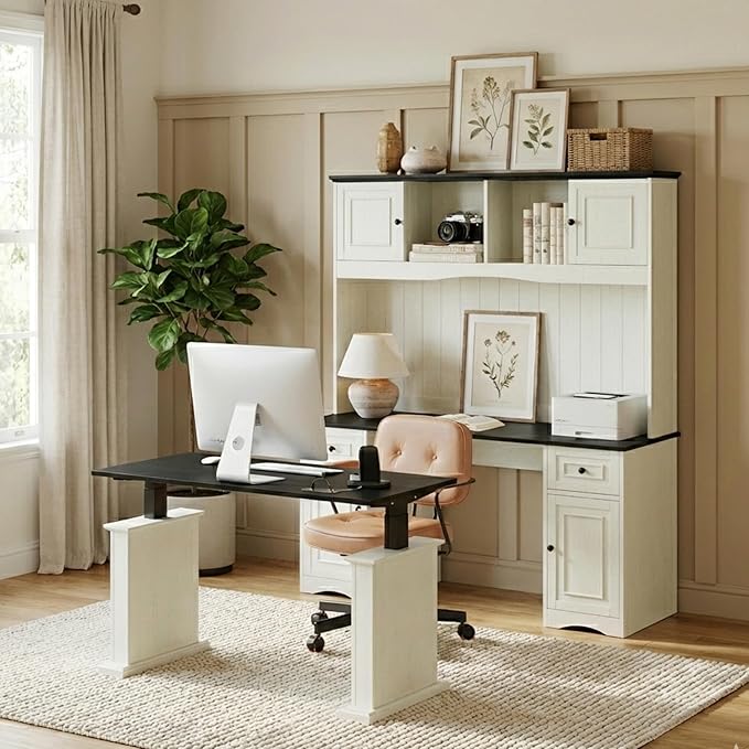 BANTI 60 Adjustable L Shaped Executive Desk with Hutch and Storage Cabinet Farmhouse Computer Desk with Charging Station Reversible Home Office Workstation Antique White