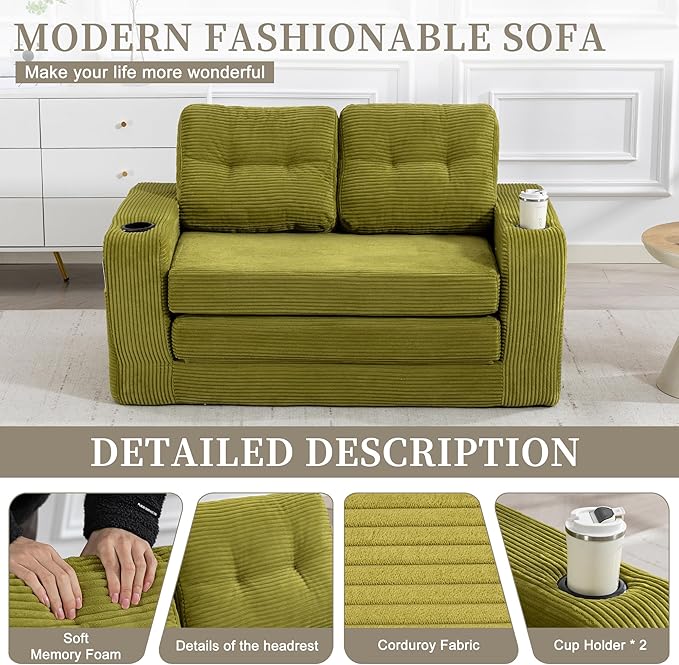 40 Folding Sofa Bed 2 in 1 Convertible Futon Sleeper Chair with Armrest &amp Backrest Comfy Chenille Cloud Floor Couch Single Sofa Chair Lounge for Living Room Bedroom (Z-Olive)