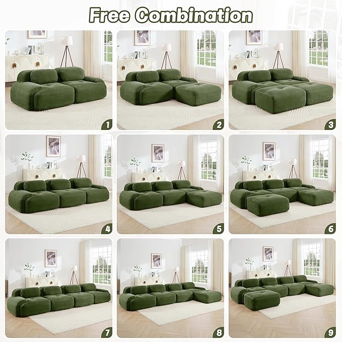 Modular Sectional Sofa Boneless Couch Corduroy Cloud Couch Modern Deep Seat Sectional Couches for Living Room 82 Loveseat Apartment Sofa Small Couches for Small Spaces No Assembly(Green)