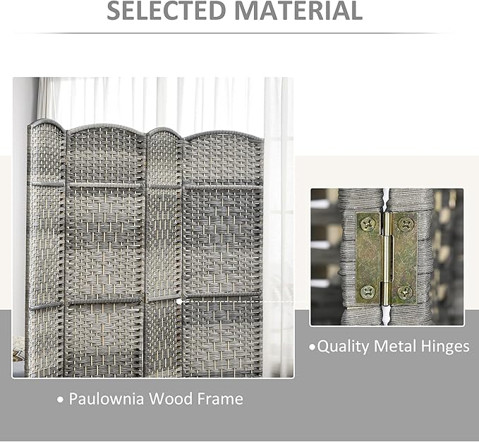 HOMCOM Room Divider 6 Ft 6 Panel Folding Privacy Screen Hand-Woven PP Wall Partition with Pine Wood Frame Freestanding Room Separator for Bedroom Home Office No Assembly Mixed Gray