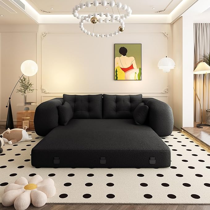 Convertible Sofa Bed with Folding Mattress Oversized Human Dog Bed 3-in-1 Sleeper Couch with Pillows and Thick Armrests 78.7 King Size Floor Sofa for Living Room Bedroom Guest Room Black Teddy