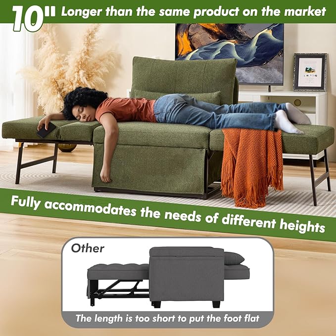 Sleeper Chair Bed Upgrade 4-in-1 to 5-in-1 Convertible Multi-fuction Sofa Chair w/Adjustable Backrest Assembly-Free Linen Folding Sofa Ottoman Bed for Living Room Apartment (Deep Green)