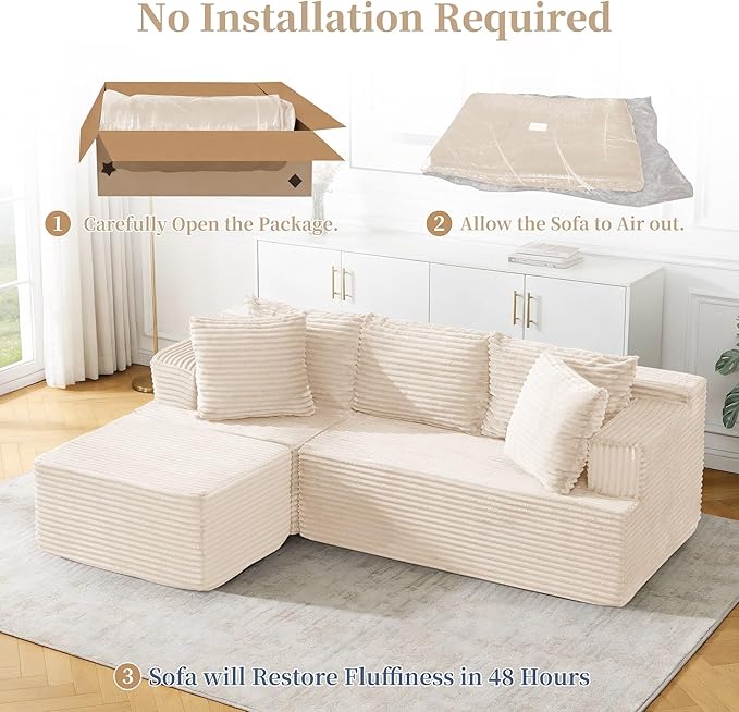 80 Cloud Modular Sectional Sofa with L-Shaped Boneless Couches for Living Room Fluffy Comfy Corduroy Deep Seat with Ottoman Bedroom Apartment No Assembly Required