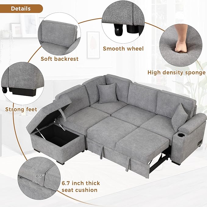 Linen L-shape Reversible Sleeper Sectional Sofa Couch with Storage Ottoman 2 in 1 Pull Out Convertible Sofa Bed with Cup Holders and USB Charging Port for Living Room Apartment Office (Grey-LI)