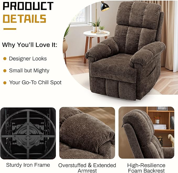Recliner Chair Swivel Rocker Recliner Chair for Adults Small Recliners for Small Spaces Upholstered Manual Recliner with Side Pockets Nursery Rocking Chair for Living Room Chenille Brown