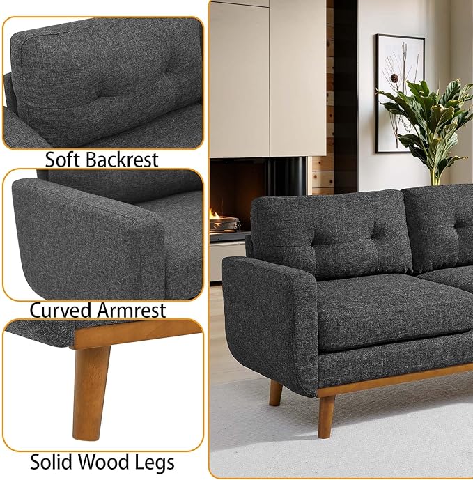 67.7 Mid-Century Modern Loveseat Sofa2-Seat Small Couch with Wooden Legs and Tufted Back for Living Room Bedroom Office ApartmentMini Upholstered Love Seat (Dark Gray)