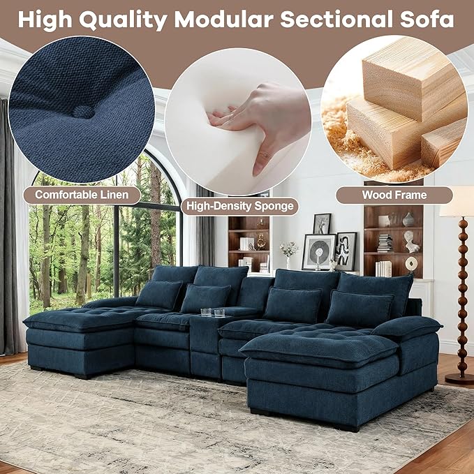 130 U Shaped Cloud Couch Modular Sectional Sofa with Chaise Lounge Comfy Fluffy Cloud Sectional Couches for Living Room Modern Modular Sofa with Central Console (Blue)