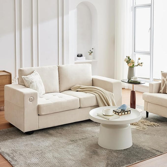 IDEALHOUSE 90 Modern Couches for Living Room Chenille Fabric Loveseat Sofa with USB &amp Type-c Charging Ports Removable Cushion Cover Side Pocket Sturdy Wood Frame for Apartment or Home Beige