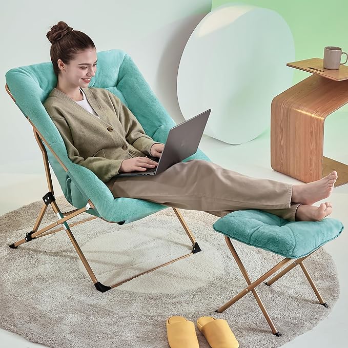 Walsham Folding Comfy Chair with Ottoman Faux Fur Soft Cozy Lounge Reading Papasan Chair with Footrest for Adults Kids Bedroom Living Room Dorms Small Space Green