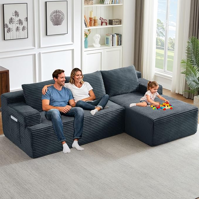 96 Cloud Sectional Sofa Boneless Couch for Living Room Modular Sectional Sofa with Deep Seat Fluffy Comfy Corduroy Couch with L-Shaped Chaise No Assembly Required (Grey Right Facing)