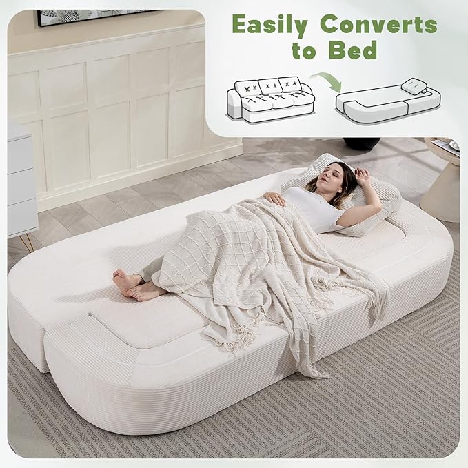 MeMoreCool Cloud Couch Boneless 3-Seater Sofa Bed – Beige Corduroy Convertible Floor Couch with Tufted Cushion No Assembly Foldable Sleeper for Living Room Apartment and Small Spaces