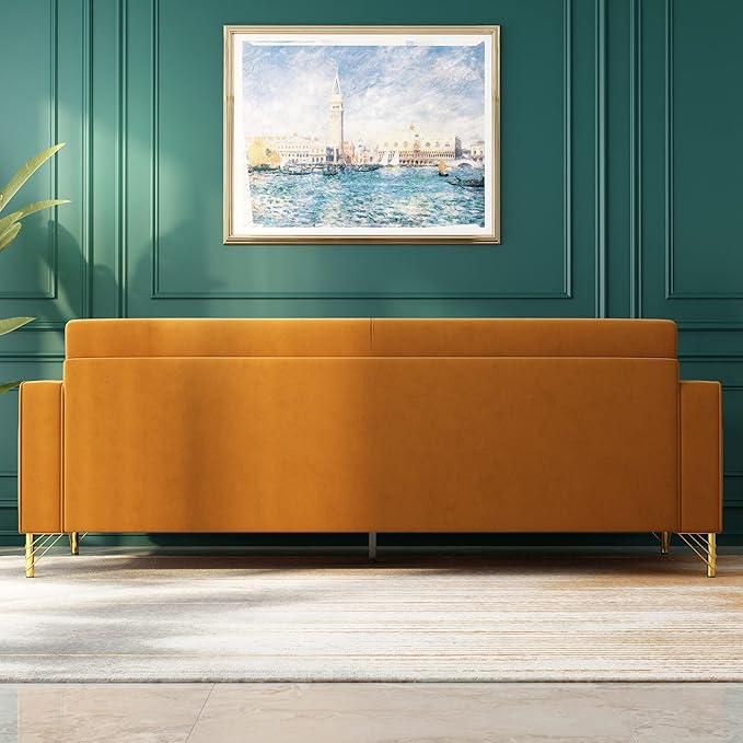 85 Velvet SofaMid-Century Modern Chesterfield 3 Seat Comfy Couch with Pillows Set of 2 for Living RoomBedroomApartment Furniture with Gold Metal Legs (P18-Orange)
