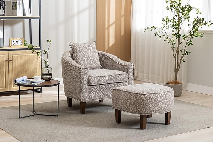 Accent Chair with Ottoman Mid Century Modern Barrel Chair Upholstered Club Tub Round Arms Chair for Living Room