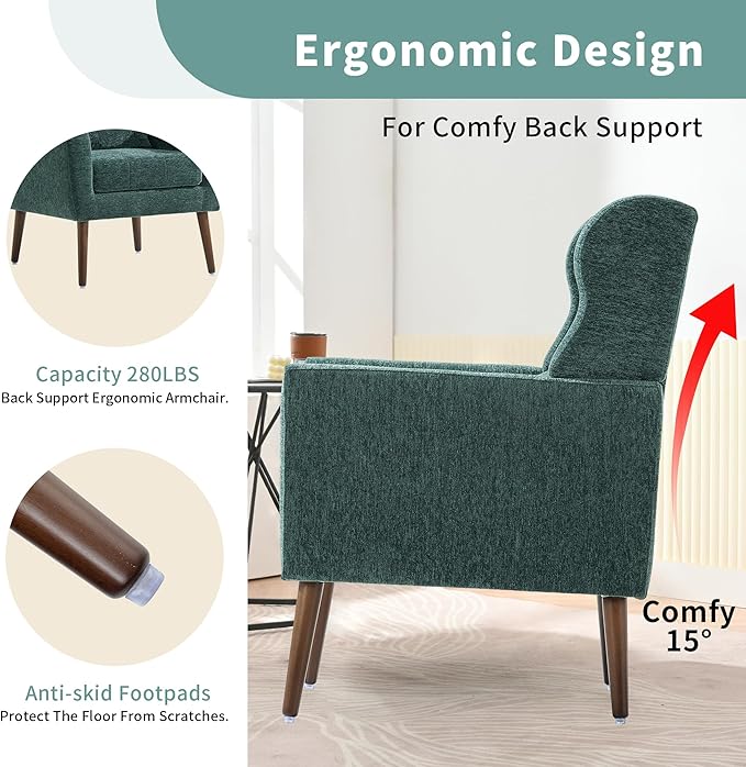 Modern Accent Chair Upholstered Arm Chair with Waist Pillow Single Sofa Chair for Living Room Bedroom Small Spaces (Green)