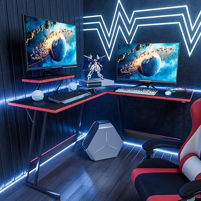 Homall L Shaped Gaming Desk Computer Corner PC Desk Table with Large Monitor Riser Stand for Home Office Sturdy Writing Workstation (Black 47 Inch)
