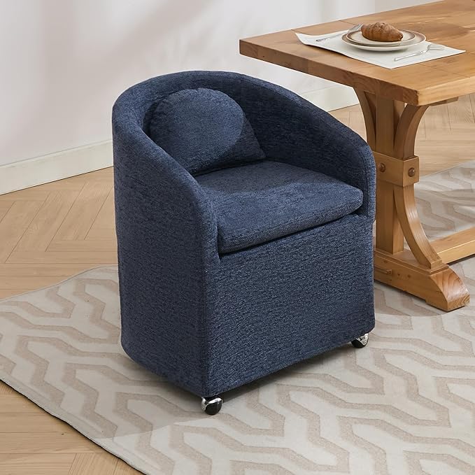 KEIKI Set of 1 Chenille Fabric Dining Armchair with Back Cushion and Universal Wheels Ergonomic Backrest 250 lbs Capacity Easy Assembly for Dining Room and Indoor Spaces