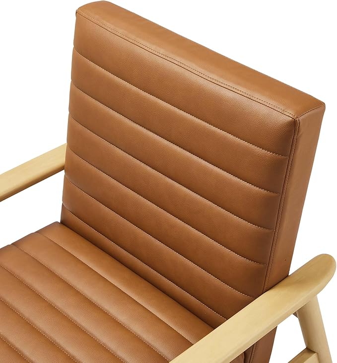 Modway Jensen Vegan Leather Accent Chair in Natural Tan - Mid-Century Modern Armchair with Solid Wood Legs &amp Armrest - Upholstered Faux Leather Single Side Chair - Reading Chair for Living Room
