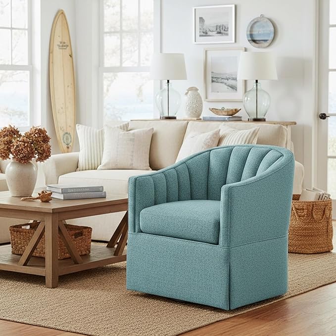 LifeSky Swivel Accent Chair Coastal Style Upholstered Armchair: 360 Degree Rotating Reading Chair with Curved Backrest &amp Textured Fabric - Wood Frame Living Room Seating for Coastal Home Decor &am