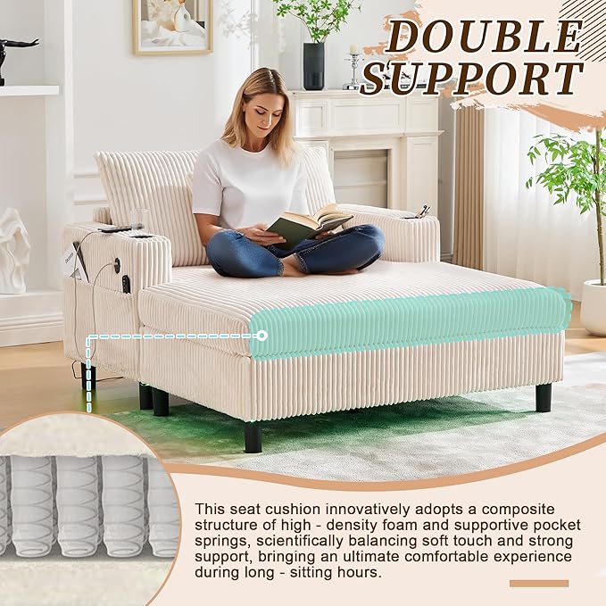 KEIKI 50 W Corduroy Oversized Recliner Single Sofa Longue with Deep Seat3 PillowsUSB ChargingCup Holder and Side Pocket