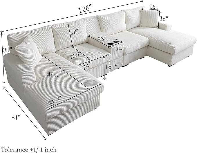 U-Shaped Sectional Cloud Sofa with Storage Console and Cupholders 126-Inch U-Shaped Symmetrical Corduroy Sectional Couch W/2 Chaise LoungesUSB-C Ports &amp 2 Pillows