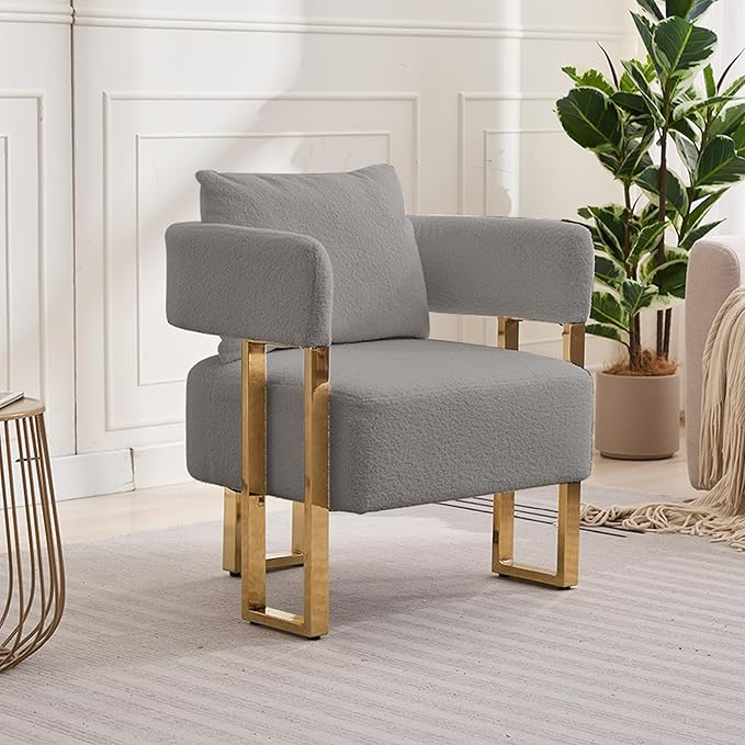 YITAI Modern Accent Chairs no Wheels Living Room Side Chairs Set of 2 with Golden Metal Legs Barrel Soft Teddyt Upholstered Reading Armchairs for OfficeReception RoomBedroomLoungeGrey
