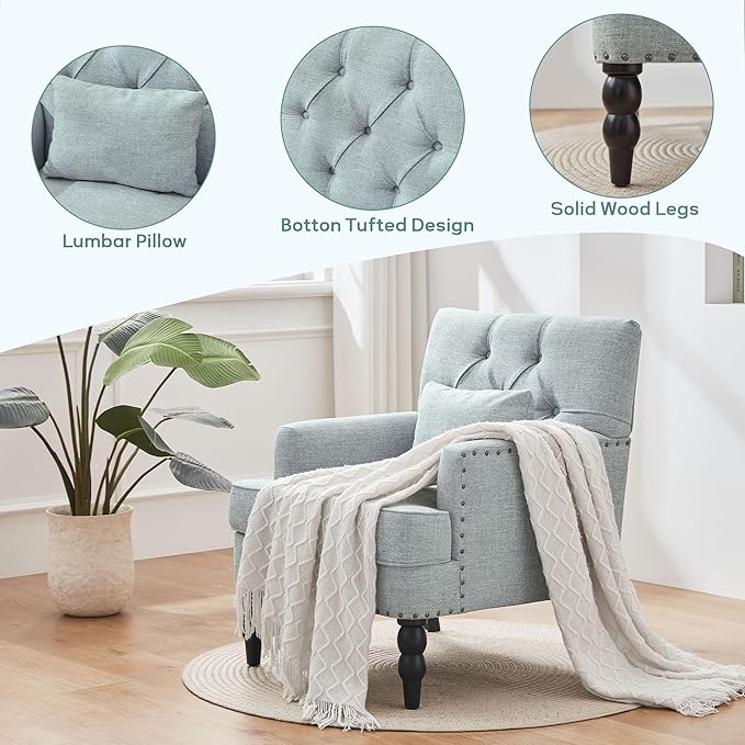 HUIMO Accent Chairs Set of 2 Tufted Club Chair Set of 2 with Lumbar PillowUpholstered Button Armchair Linen Fabric Sofa Chairs for Bedroom Living Room Mid Century Modern Reading ChairLight Blue