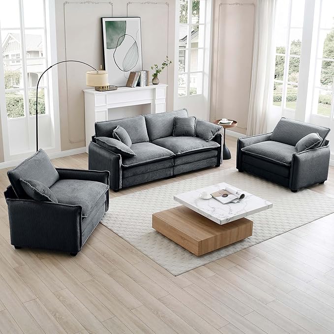 Aoowow 3 Pieces Modular Sectional Sofa Set with Loveseat Couch and 2 Sofa ChairModern Corduroy Comfy Cloud Deep Seat Couches Set with Throw Pillows and Arm Pillows for Living Room Apartment(Grey)