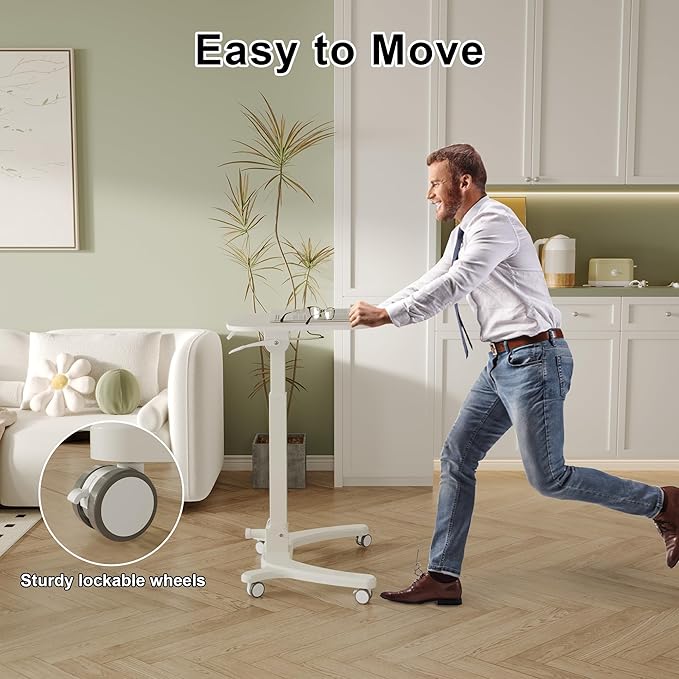 BONTEC Mobile Foldable Standing Desk Portable Adjustable Height Desk with Gas Spring Small Rolling Laptop Desk with Wheels for Home Office Bedroom and Medical Use 25.6 x 19.7 Desktop White