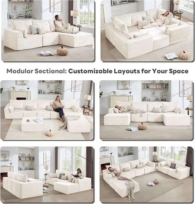 Tbfit Sectional Cloud Couch for Living Room Modular Sofa with Angled Armrest Comfy Boneless Sofa with Wide Seat &amp Deep Seat White