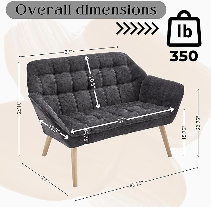 Small Loveseat Sofa 48 inch Chenille Love Seat for Living Room Comfy Mini Couch with Wood Legs for Small Spaces Bedroom Apartment Office Dark Grey