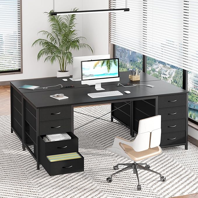 60 Inch Computer Desk with 8 Drawers Home Office Desk with Power Outlets Work Study Gaming Desk with 8 Fabric Drawers Black