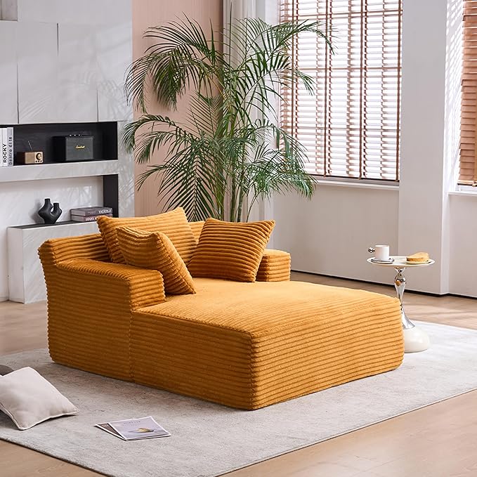 62 Chaise Lounge Chair Boneless Corduroy Sleep Sofa Bed with Three Soft Pillows Convertible Oversized Recliner Chair for Living Room Small Spaces Yellow