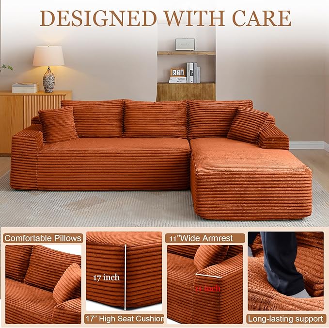 108 Cloud Sectional Couch Modern Boneless Couch with L-Shape Chaise Deep Seat Modular Sectional Sofa Corduroy Corner Couches for Living RoomNo Assembly Required (Orange Right Facing Chaise)