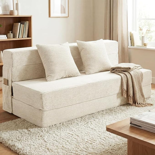 Queen Size Folding Sofa Bed - 4 in 1 Convertible Sleeper Chair with Two Pillows - High Density Memory Foam Futon Couch - Foldable Bed for Living Room Bedroom (Beige)