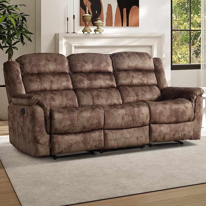 EBELLO Reclining Sofa for Living Room Extra Wide Modern Overstuffed 3 Seat Recliner Manual Sofa Chair Breathable Soft Fabric and Padded Seat Brown