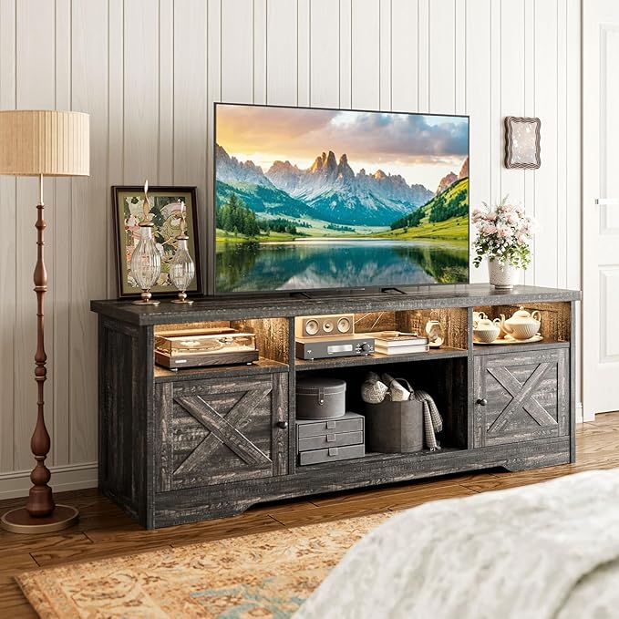 Casaottima TV Stand for 65 Inch TV Farmhouse Entertainment Center with Power Outlet &amp LED Light and Storage Cabinets Console Table and Media Furniture for Living Room Bedroom Dark Oak