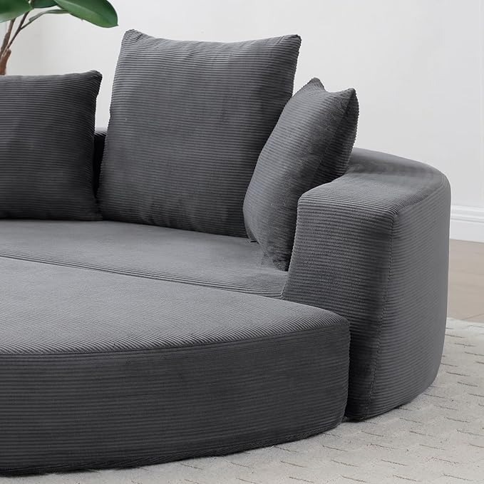 Folding Sofa Bed Corduroy Circular Boneless Couch No Assembly Convertible Sleeper Sofa with 3 Pillow Comfy Futon Sofa Bed for Apartment Office Bedroom Living Room Gray
