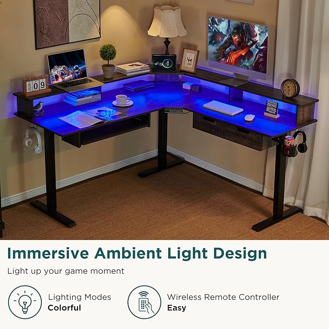 RedLemon Electric L Shaped Standing Desk 60 Motor Height Adjustable Sit Stand Corner Desk with Led Large Home Office Desk Computer Workstation Dark Rustic Oak