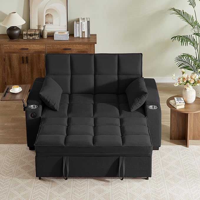 Eafurn Convertible Sleeper Sofa Bed with 360° Swivel Table &amp USB Ports Tufted Chenille Loveseat Pull-Out Couch with Storage Armrest &amp Cup Holders 6-Level Adjustable Backrest