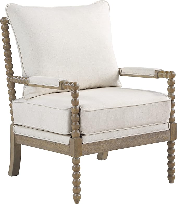OSP Home Furnishings Fletcher Spindle Accent Chair with Rustic Brown Finish Linen Upholstery