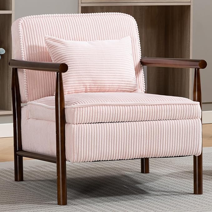 Pink Accent Chair with Storage 24 W Mid Century Modern Chair with Cushion Upholstered Corduroy Reading Chair with Wooden Legs Comfy Arm Chairs for Living Room Bedroom (Pink)