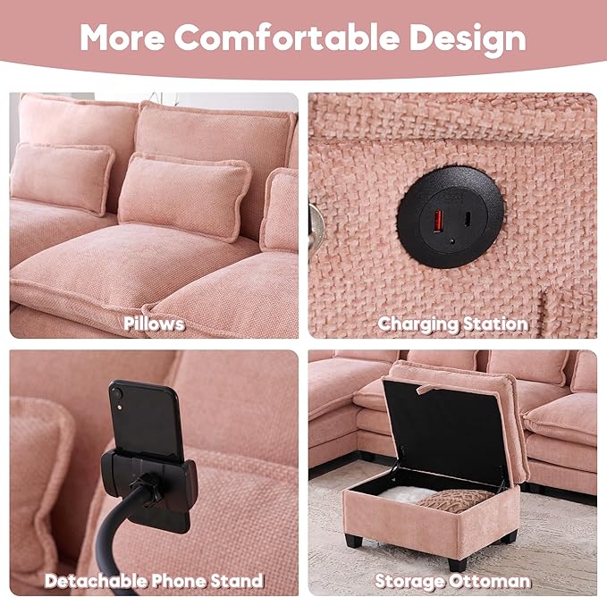 U Shape Modern Modular Sectional Sofa Cloud Couch with Storage Ottoman 4-Seat Upholstery Chenille Deep Seat Sofa with Charging Port for Living Room Pink