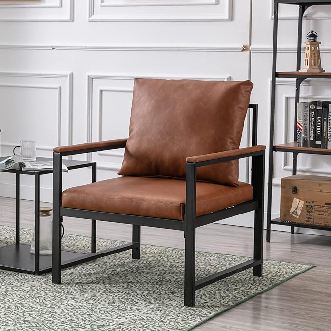 Generic FurnitureModern Faux Leather Accent Chair with Black Powder Coated Metal Frame Single Sofa for Living Room Bedroom Orange