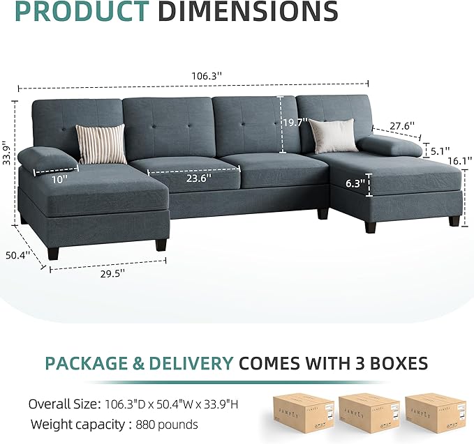JAMFLY Sectional Sofa Couches for Living Room U Shaped Sofa Living Room Furniture Sets 4 Seat Modular Sectional Couch with Chaise Grey