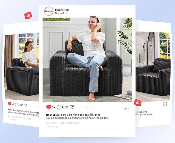Hobestluk Single Sofa Foam Couch Sofa for Small Spaces Comfy Sofas with Removable Cover Furry Couch with Pillows for Living Room Bedroom Apartment Office (Dark Grey Standard)